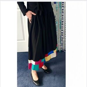 🇨🇦 Vintage 1980s Silk Colorblock Hem Band & Pleated Midi Skirt by Simon Chang